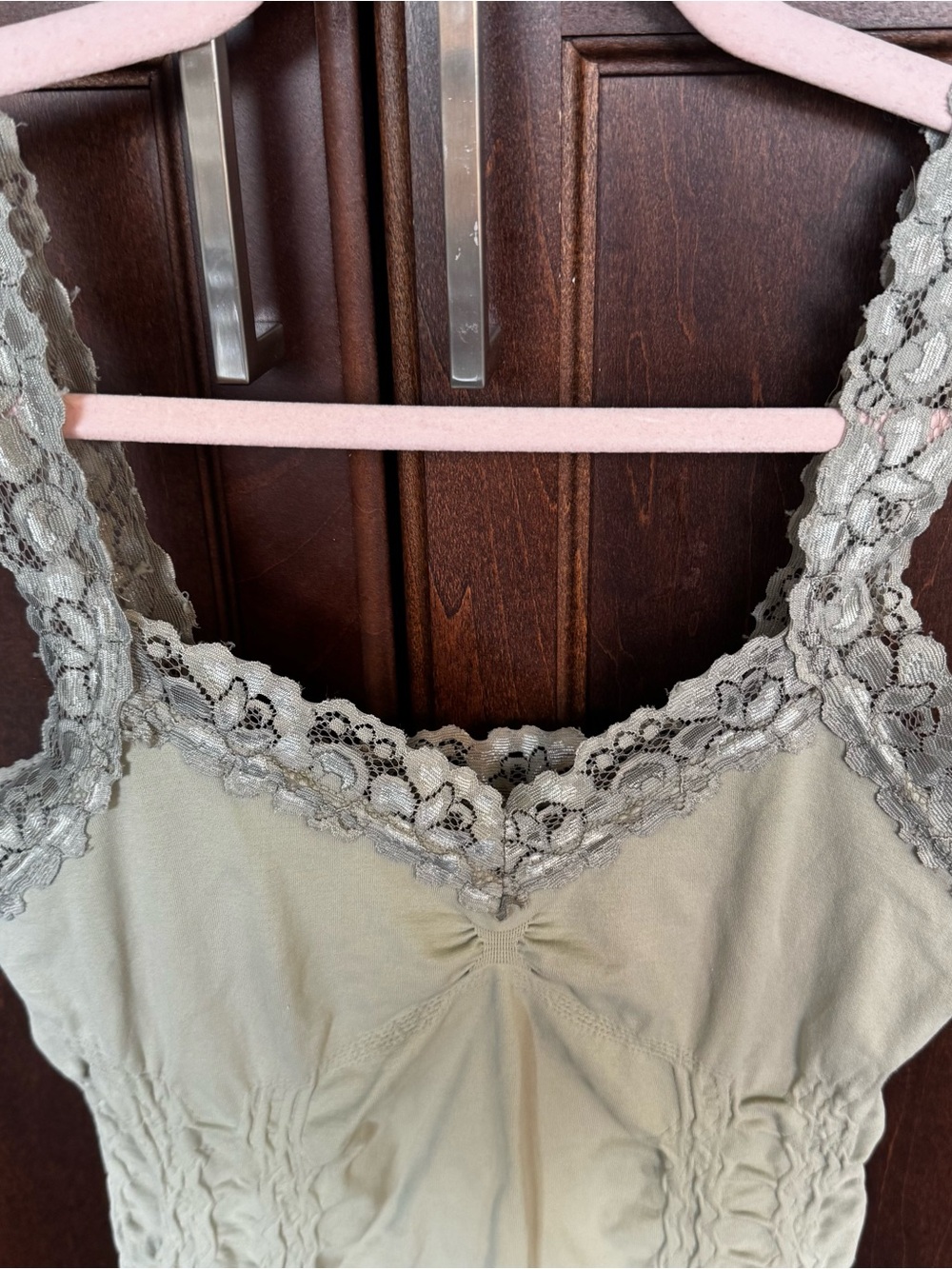 M Rena Womens One Size Lace Trim Seamless Tank Top Sage Green Ruched Camisole - Picture 4 of 10